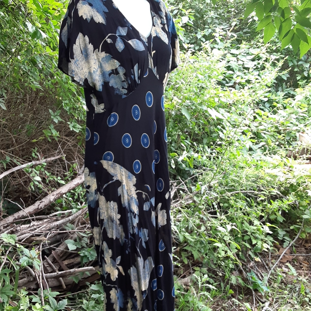 🖤 SO Good: Vintage 90s Floral Indigo Mexican Flowy Dress in vtg 14 - Picture 2 of 9